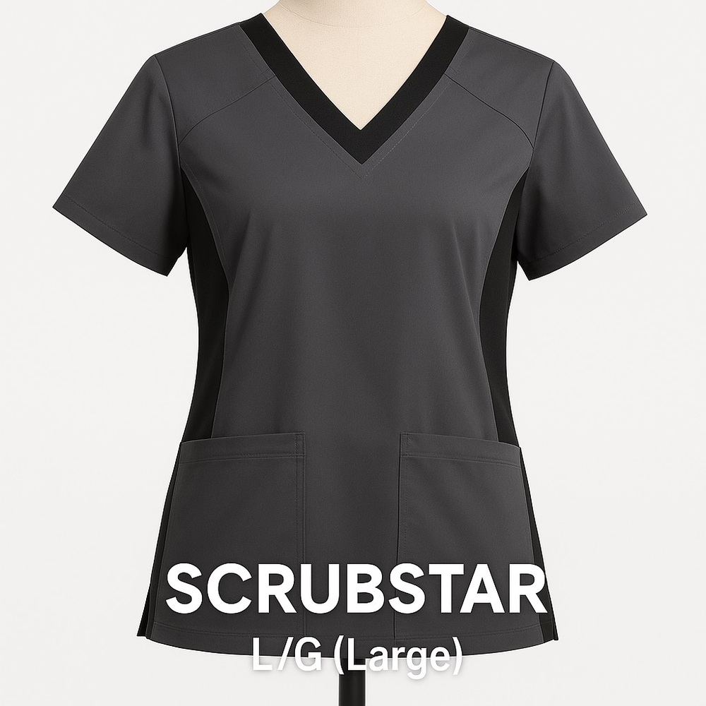 SCRUBSTAR Charcoal Gray Scrub Top L Black Stretch Side Panels V-Neck